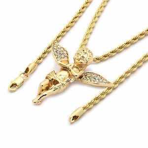 Authentic Men 14k Gold Plated Long Wings Angel Pendant Cubic-Zirconia 24" Rope Chain A01