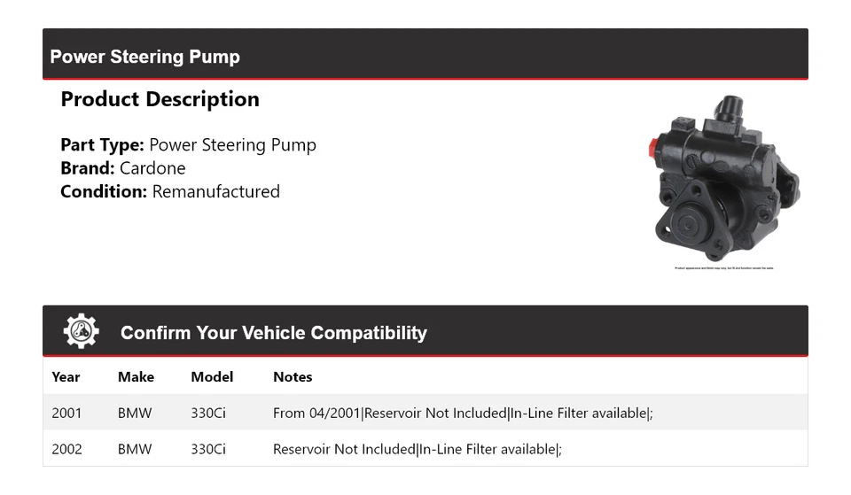 Bomba de direção hidráulica Cardone para 2001-2002 BMW 330Ci - Imagem 2 de 4
