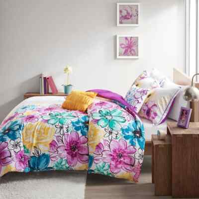 MODERN COZY BLUE PURPLE GREEN AQUA TEAL YELLOW FLOWER WATERCOLOR COMFORTER SET