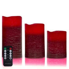 Red Flameless Candles Real Wax LED Pillar Candles Battery Operated with Cycli...