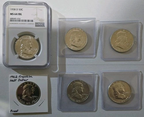 Franklin Half Dollars 90% Silver MS64 1958, 1962 Proof Uncirculated, 1963