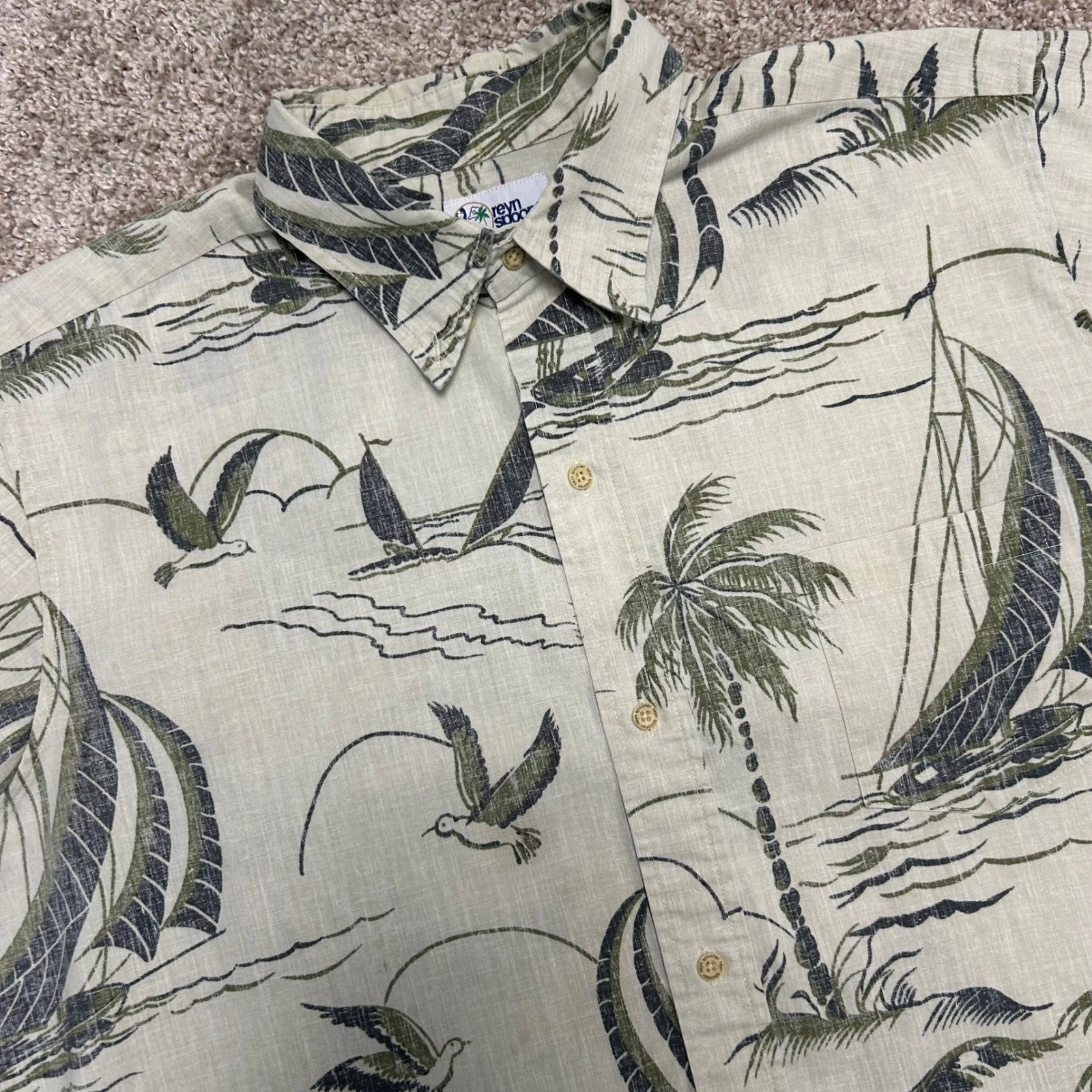 Vintage Reyn Spooner Hawaiian Button Down Shirt Men Size Large Palm Trees Boat