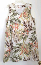 J JILL Love Linen Dress Sz XL Tropical Palm Print A Line Shift V Neck Sleeveless
