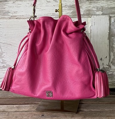 Loewe Flamenco Tassel Crossbody & Shoulder Bag Hot Pink Embossed Floral Lambskin