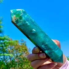 365G Natural Green Cherry Blossom Agate Crystal Double Point Tower Obelisk Wand