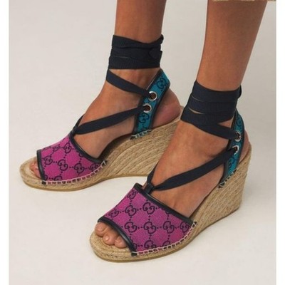 GUCCI Multicolor CanvasAnd Leather Wedge Espadrille Sandals G 40 / US 10    /*61