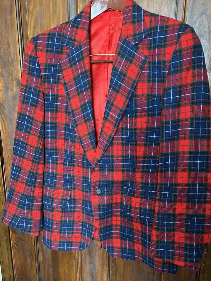 Blazer masculino de lã pendleton feriado vermelho tartan xadrez terno jaqueta S 40 furo pequeno - Imagem 3 de 4