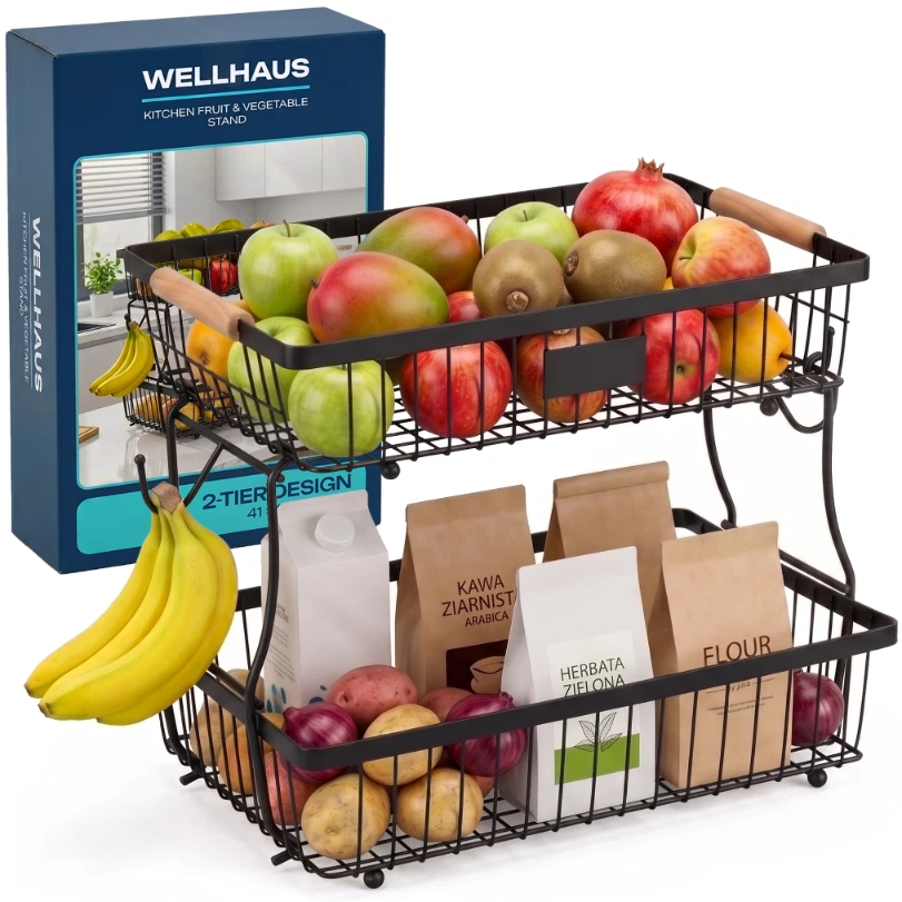 NOUVEAU WELLHAUS Corbeille à fruits pliable à 2 niveaux en métal noir... - Photo 1/4