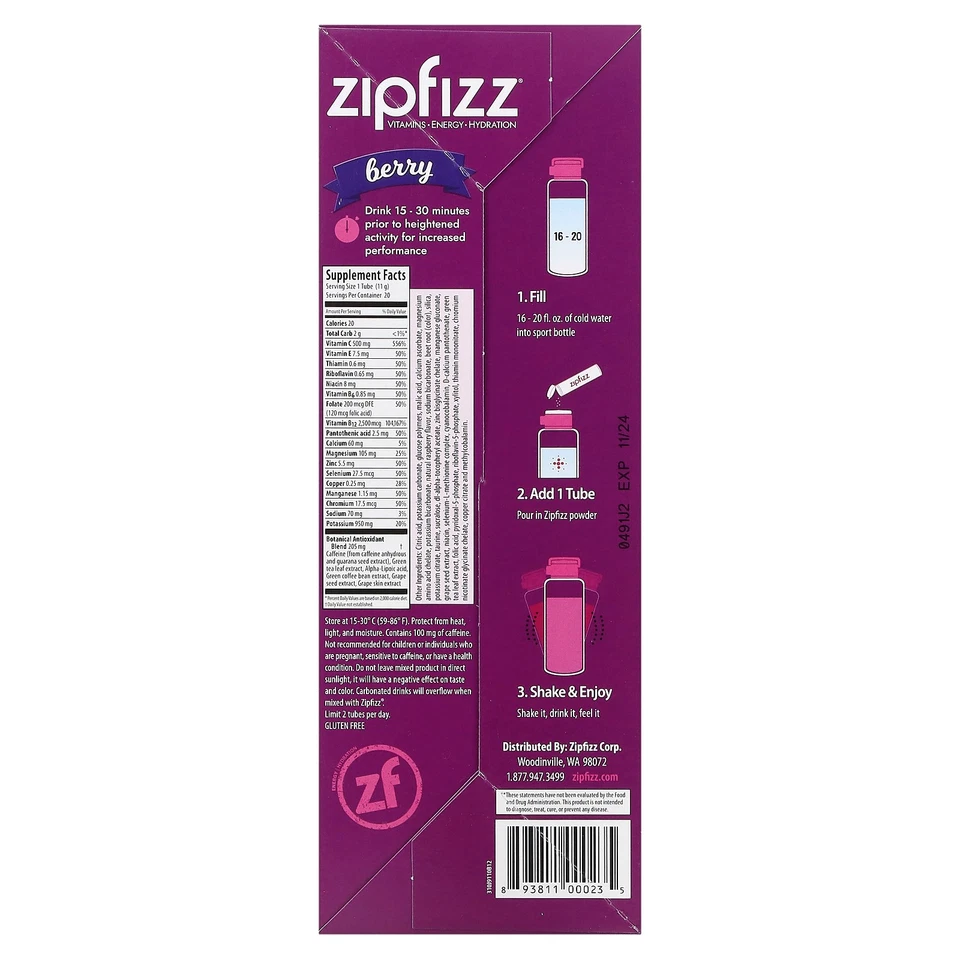 2 X Zipfizz, Energy Drink Mix, Berry, 20 Tubes, 0.39 oz (11 g) Each - Image 2 of 2