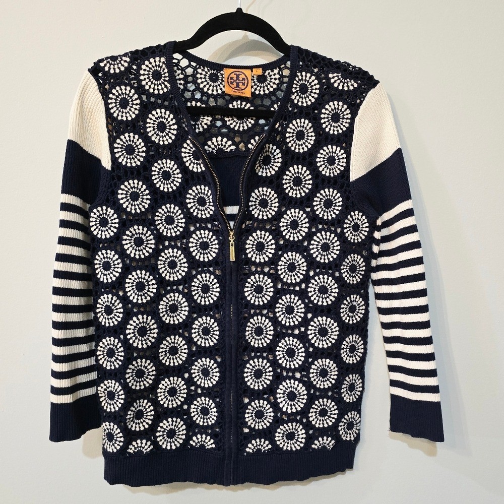Tory Burch Navy & White Crochet Zip Cardigan