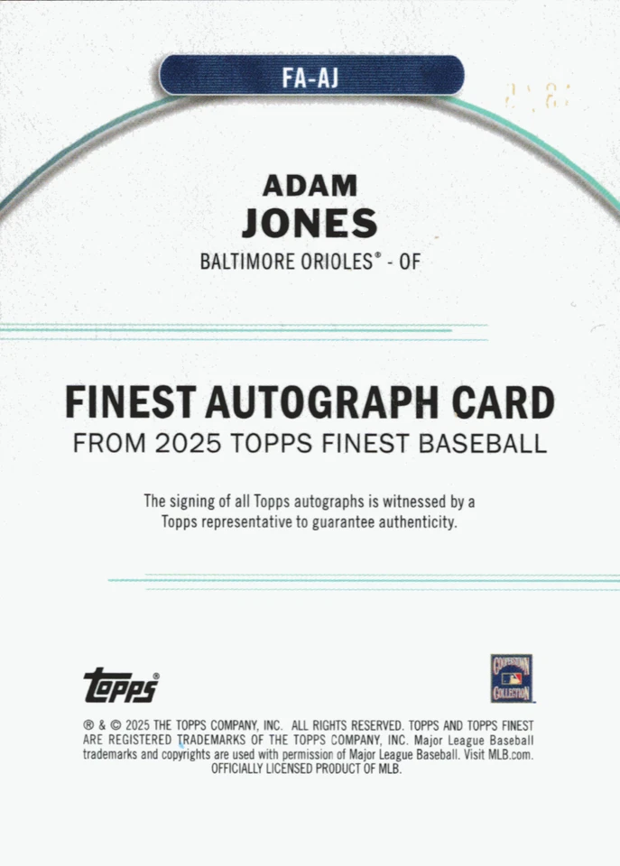 ADAM JONES 2025 TOPPS MEJOR AUTÓGRAFO AZUL ORIOLES AUTOMÁTICO/99 Foto 2 de 3