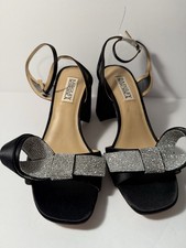 Badgley Mischka Black Satin Strappy Block Heel Bow Ankle Strap Square Toe Heels