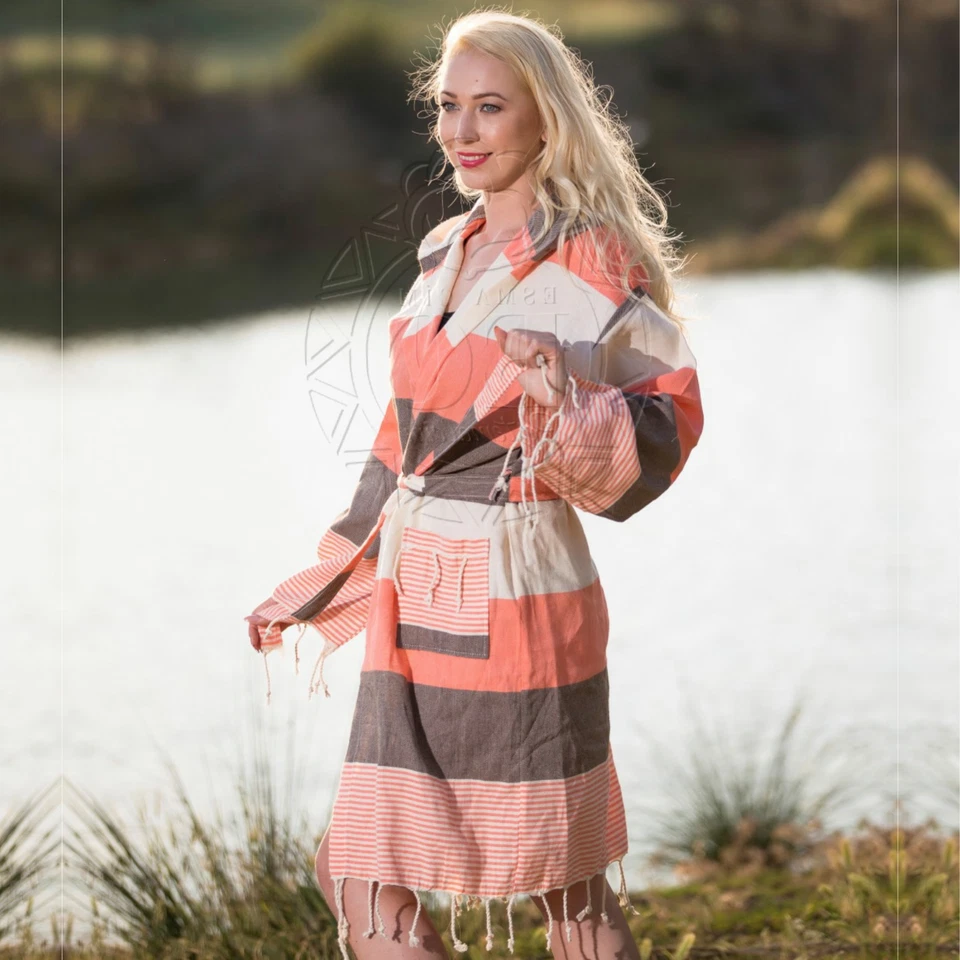 Bademantel Saunamantel Damen Strandmantel Spa Strandkleid Kapuzen Baumwolle L XL - Bild 2 von 4