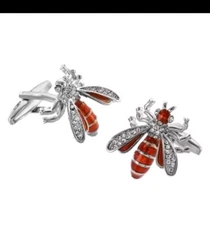 Wasp Pair Cufflinks Silver Red Crystals Bee Wedding Gift Box & Polishing Cloth