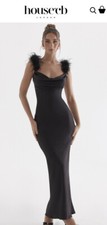 New Women's House of CB Tabitha Gorgeous Feather Trim Matte Satin Sheath Gown L+