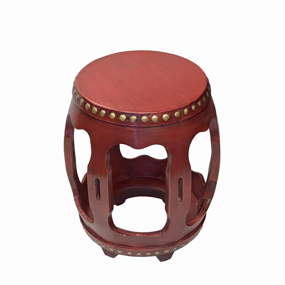 Chinese Distressed Brick Red Gold Dots Wood Ru Yi Bar Round Barrel Stool cs7709 - Image 2 of 4