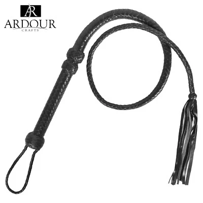 ARDOUR CRAFTS Genuine Leather Bull Whip 3 Feet Long 12 Plaits Heavy Duty Bullwhip Black Whip