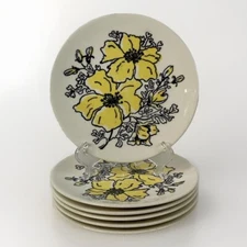 6 Homer Laughlin Bread Dessert Plates 6 1/4" Vintage AMY Yellow & Black Flowers