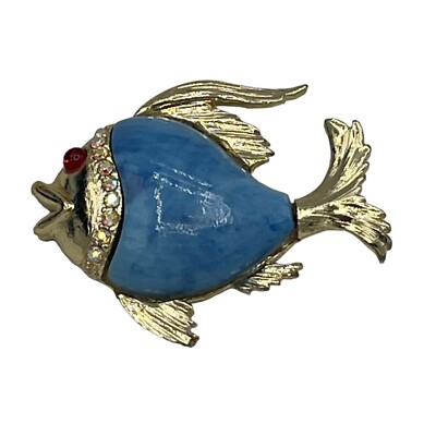 Vintage Blue Fish Brooch Pin Aurora Borealis Red Cabochon Eye