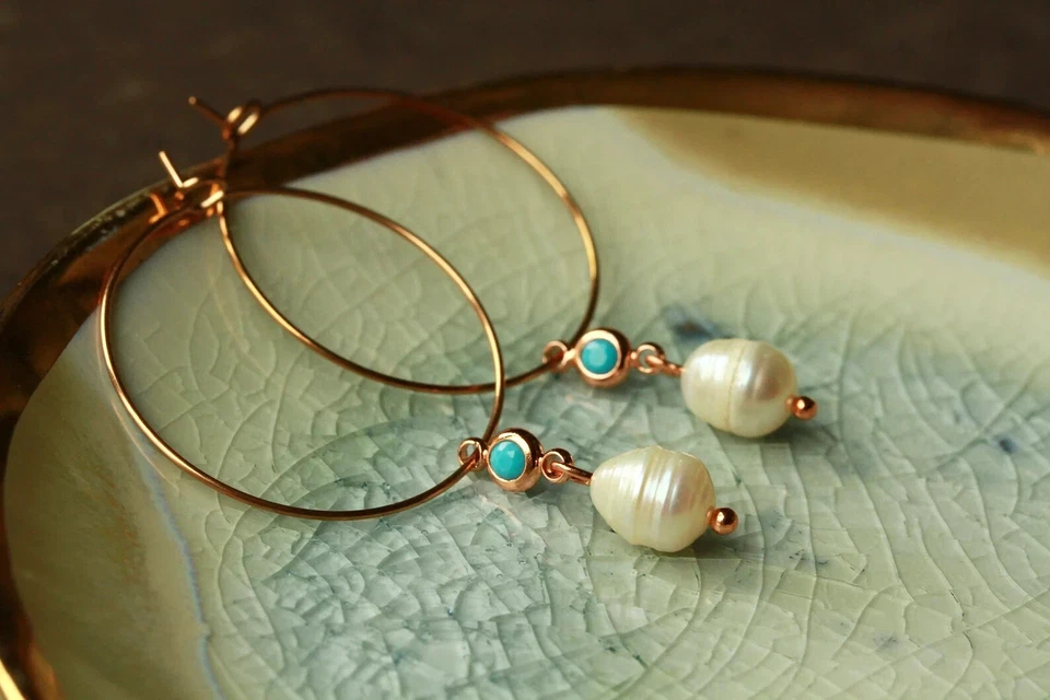 Creole Perlen Ohrring türkis Süßwasserperle Geburtstag Geschenk Frau Freundin - Bild 4 von 4