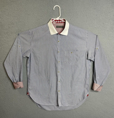 Carven Womens Button Up Shirt XL Blue Red Striped Cuffed Cutaway Collar Pocket