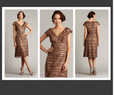 Tadashi Shoji Mocha Thora Silken Fringe Knee Length Sheath Cocktail Sz 14  #B909