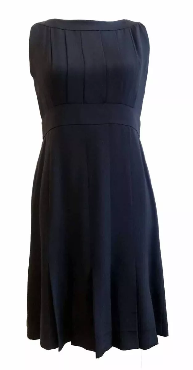Vintage CHANEL 6 38 Boutique Dress Black Silk Pleated Empire Waist Logo Buttons
