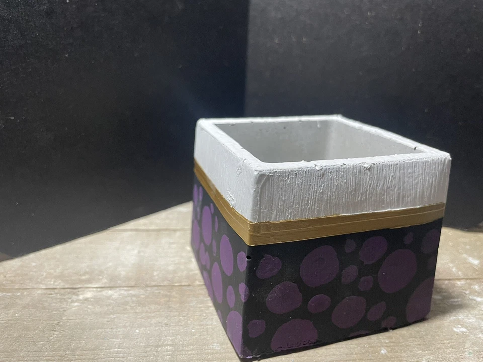 Handmade and Hand Painted Concrete Cement Planter Pot Black White Gold Purple - Image 3 of 4