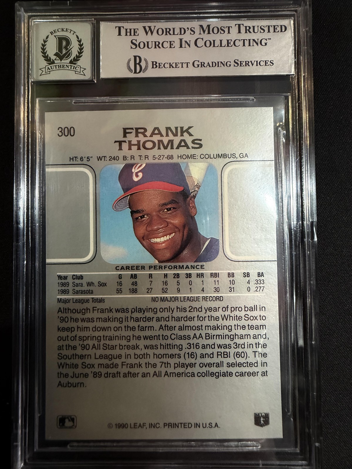 #300 Frank Thomas 1990 Leaf AUTO RC Rookie Chicago White Sox sports view 2