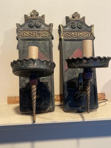 Pair Antique Moe Bridges Wall Sconces Gothic Castle Original Polychrome Paint