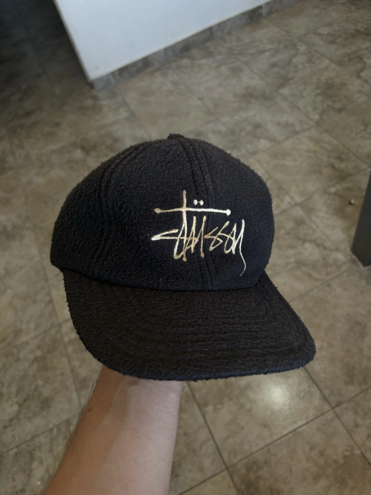 VTG Stussy Fleece Earflap Cap Snapback Hat USA 90s Y2K Logo Streetwear Gray RARE