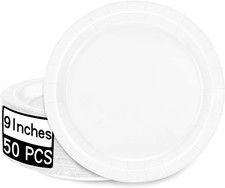 50 Round White Party Plates Pa, 9 Inch Disposable Paper Plates for