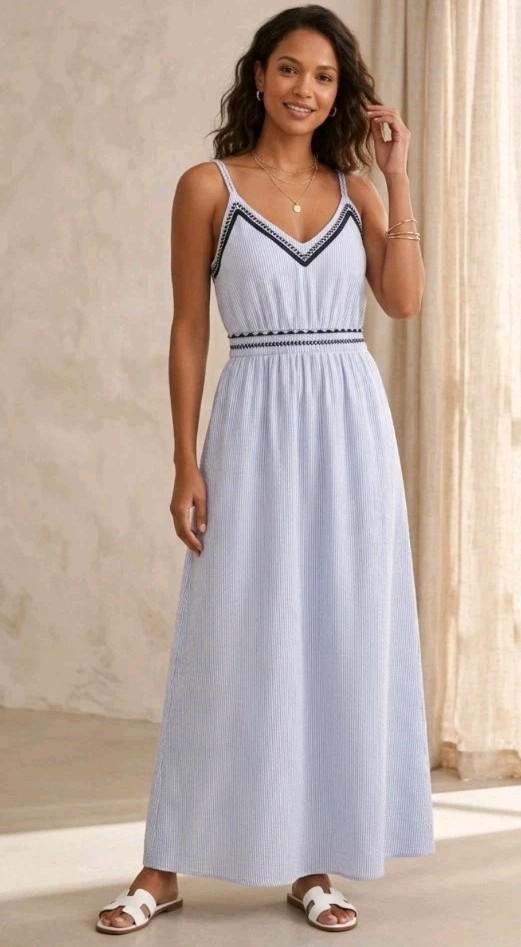 JAPNA Maxi Dress Embroidered Blue White Striped Smocked Nautical Beach Boho M