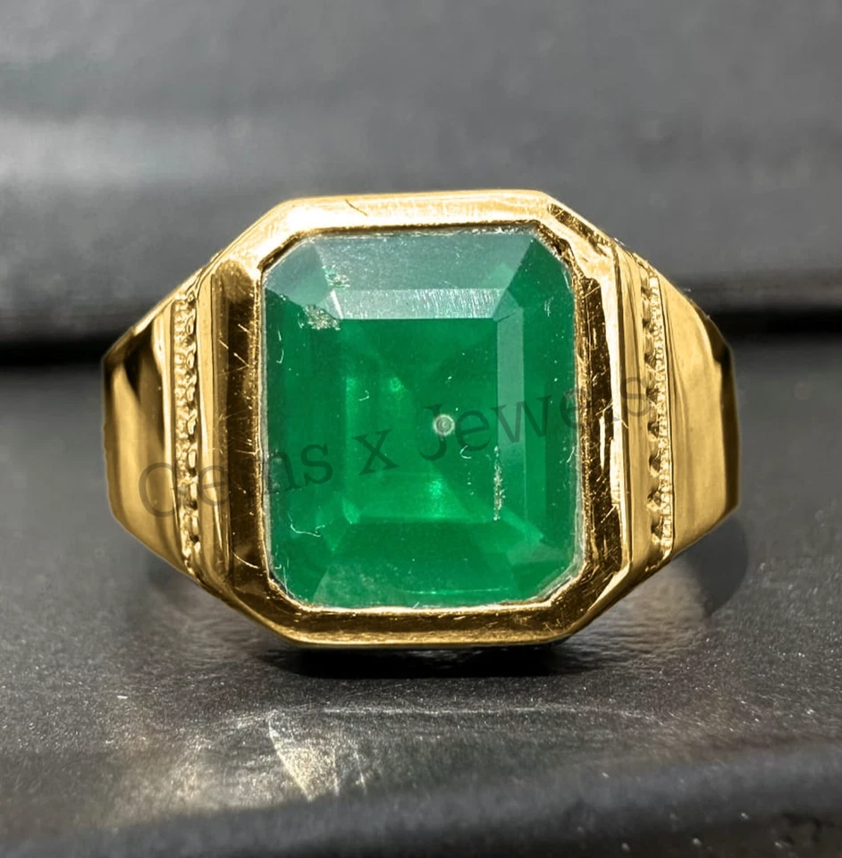 Мужской натуральный изумруд кольцо 14K желтое золото ручной работы помолвки - обручальное кольцо - Изображение 4 из 4