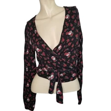 Grateful Dead Junk Food Black Red Roses Wrap Around Shirt XS Festival Dead Head