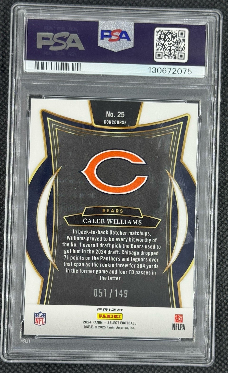 2024 Panini Select Caleb Williams Concourse RC Maroon Prizm #/149 Bears PSA 10 view 3