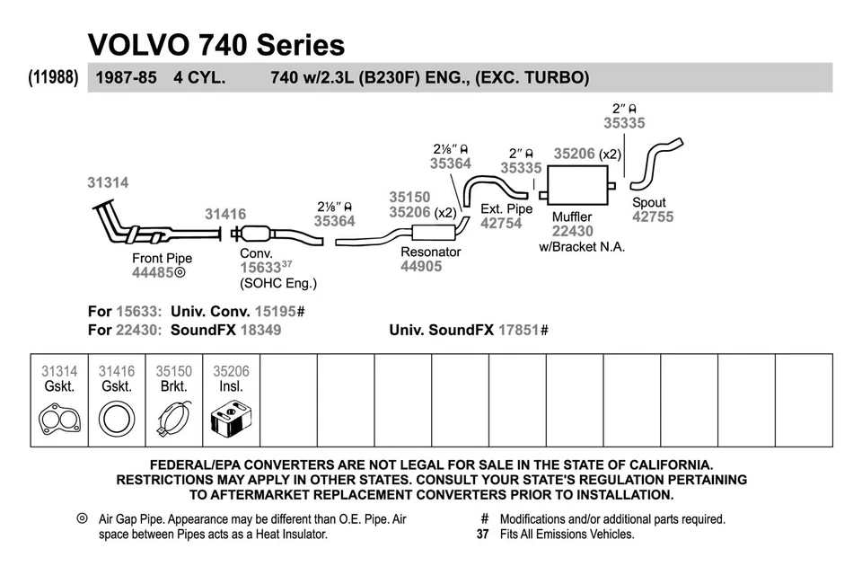 For Volvo 940 1991-1994 Walker Aluminized Steel Exhaust Extension Pipe Foto 2 de 4