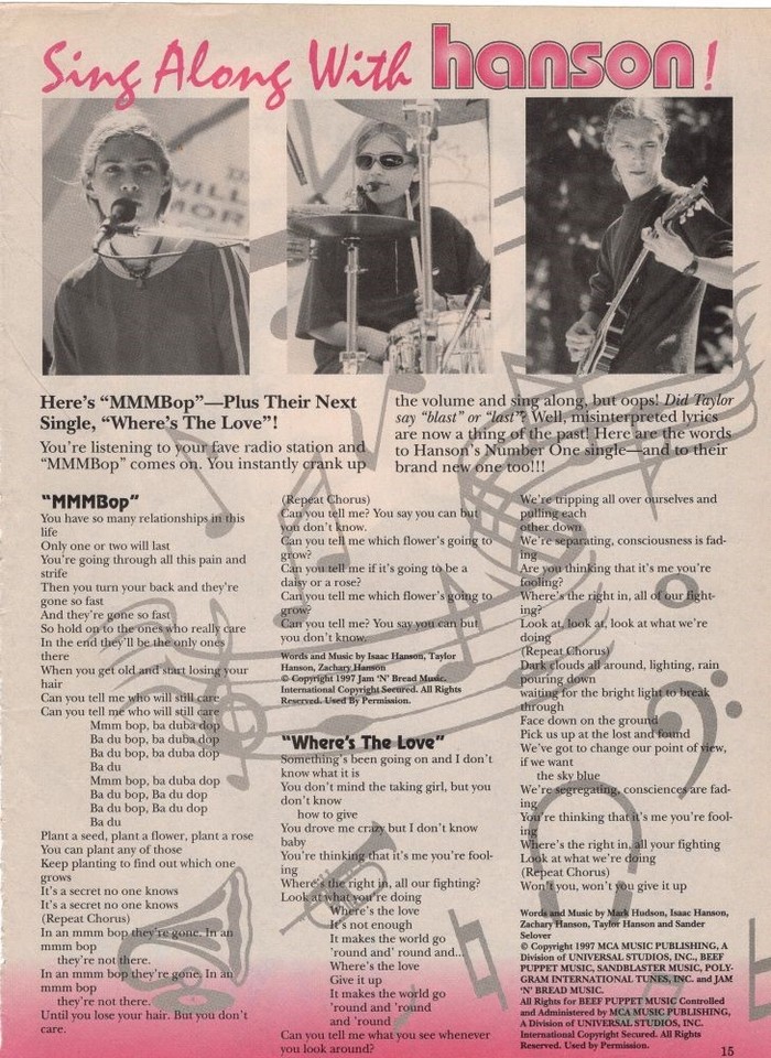 Hanson pinup Sing Along MMMBop Where's the Love lyrics Zac Ike Taylor