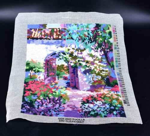 VTG Completed Unframed Bucilla Needlepoint #4825 SUNLIT ARCHWAY 12" x 16.5” 2000