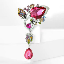 Vintage Style Pink Crystal Brooch Rhinestone Statement Pin Silver Jewelry Gift