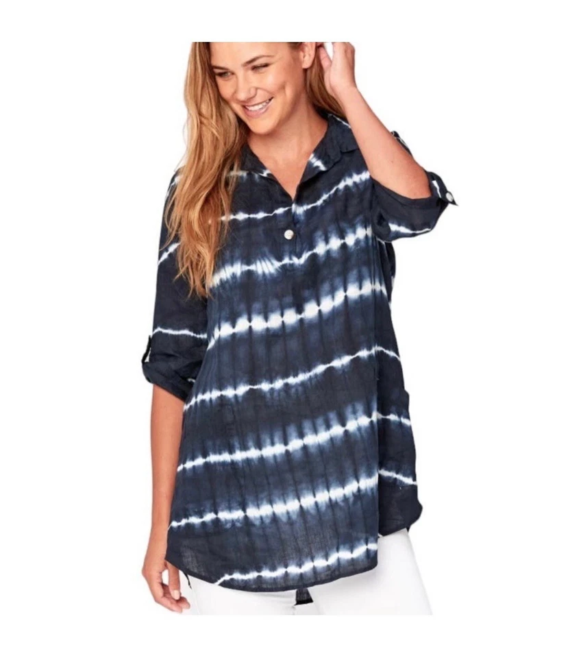 XCVI Top Túnica MANGAS 3/4 LINO ESTILO BOHO Talla M Relajado Lagenlook Tie Die Foto 2 de 4