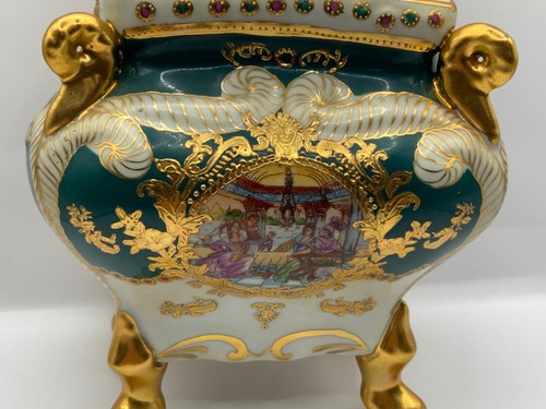 Antike handbemalte französische Porzellan-Tischschatulle mit Schmucksteinen 10” x 5” - Bild 2 von 14