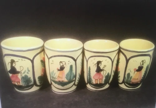 Set of 4 French HB Quimper Soleil Yellow Hand Painted Mugs