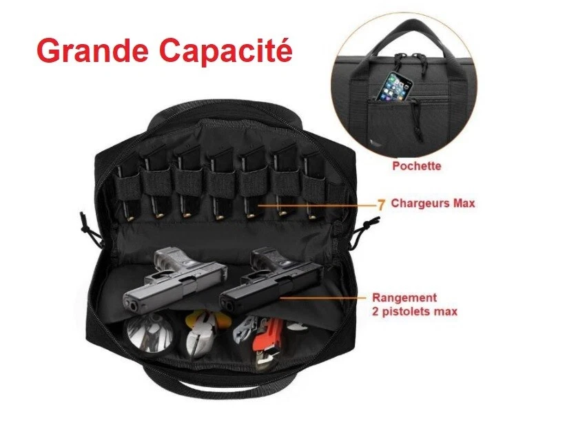 Sac Transport 2 Pistolets Revolver Arme de Poing + 7 Chargeurs Max  34.5x20.5