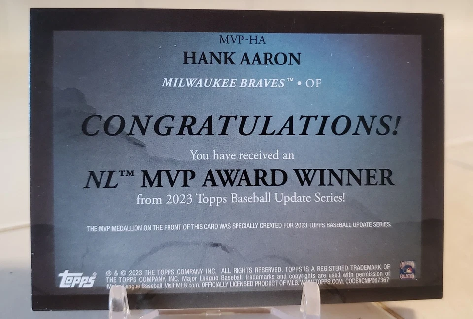 2023 TOPPS 1957 NL MVP HANK AARON Patch RELIC Card Milwaukee BRAVES Medallion SP - Image 2 of 2