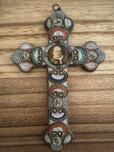 Antique Large Micro Mosaic Cross Pendant Photo Pope Pius XI 5.5” x 3.5” - Picture 10 of 12