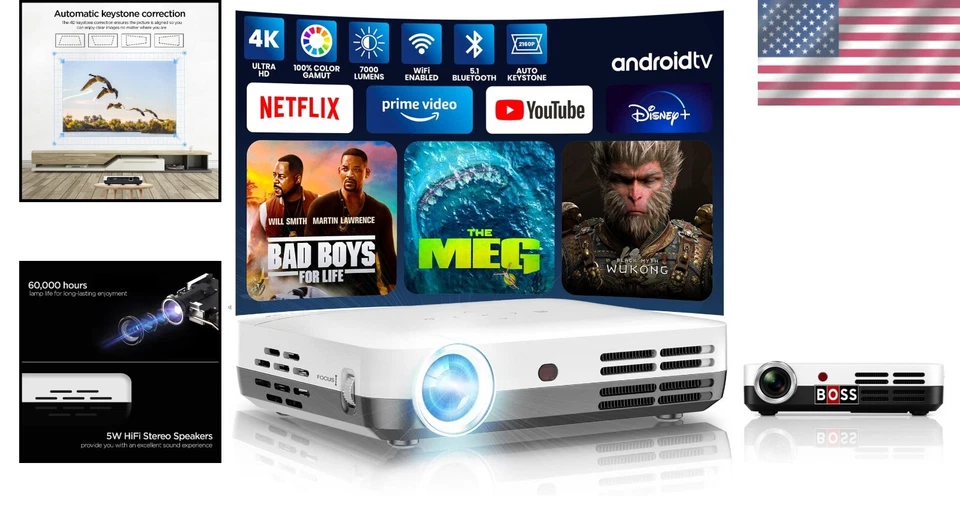 4K UHD Boss S7 Projector - 3D Ready, 7000 Lumens, Ideal for Home Cinema & Gaming - Image 2 of 4