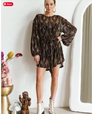 Nine Lives Bazaar Gwen Dress Mini Gold black Slip longsleev belted Size AU10 US6