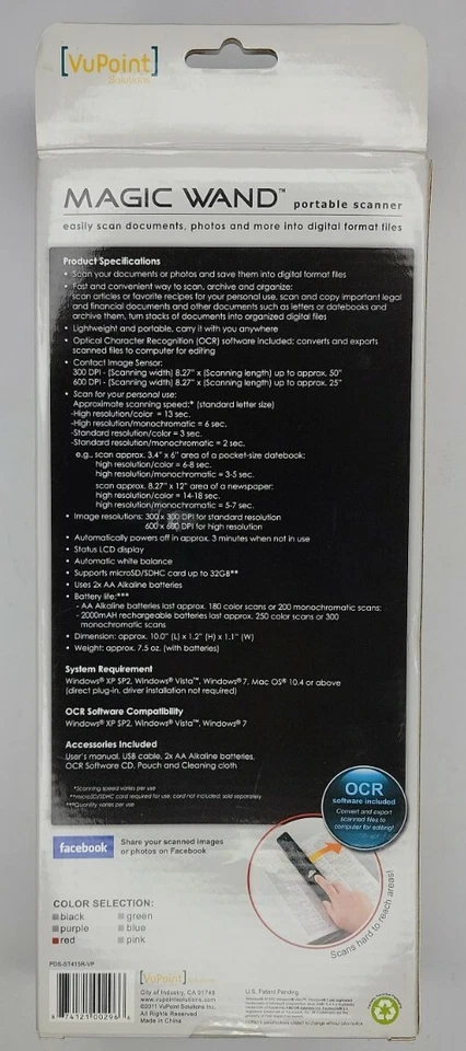 VuPoint Magic Wand Handheld Scanner RED Portable Memory Card ST415R - Image 4 of 4