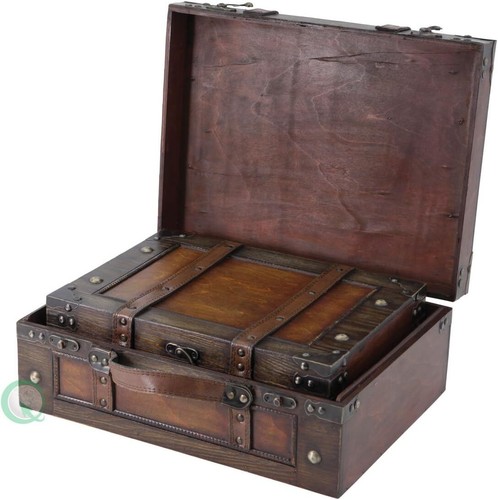 2 Vintage Decorative Suitcases Trunk Retro Wood Leather Antique Storage 13 & 15" - Picture 3 of 6